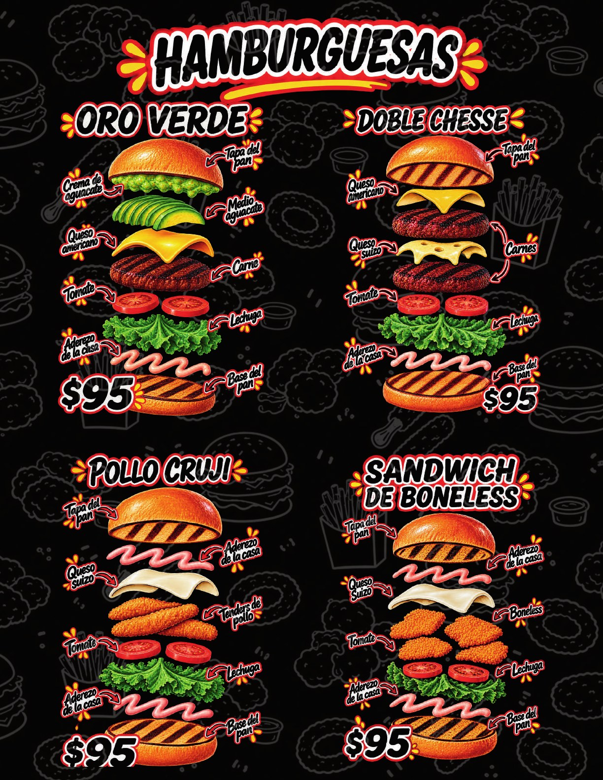 Menú de hamburguesas: Oro Verde, Doble Cheese, Pollo Cruji y Sándwich de Boneless