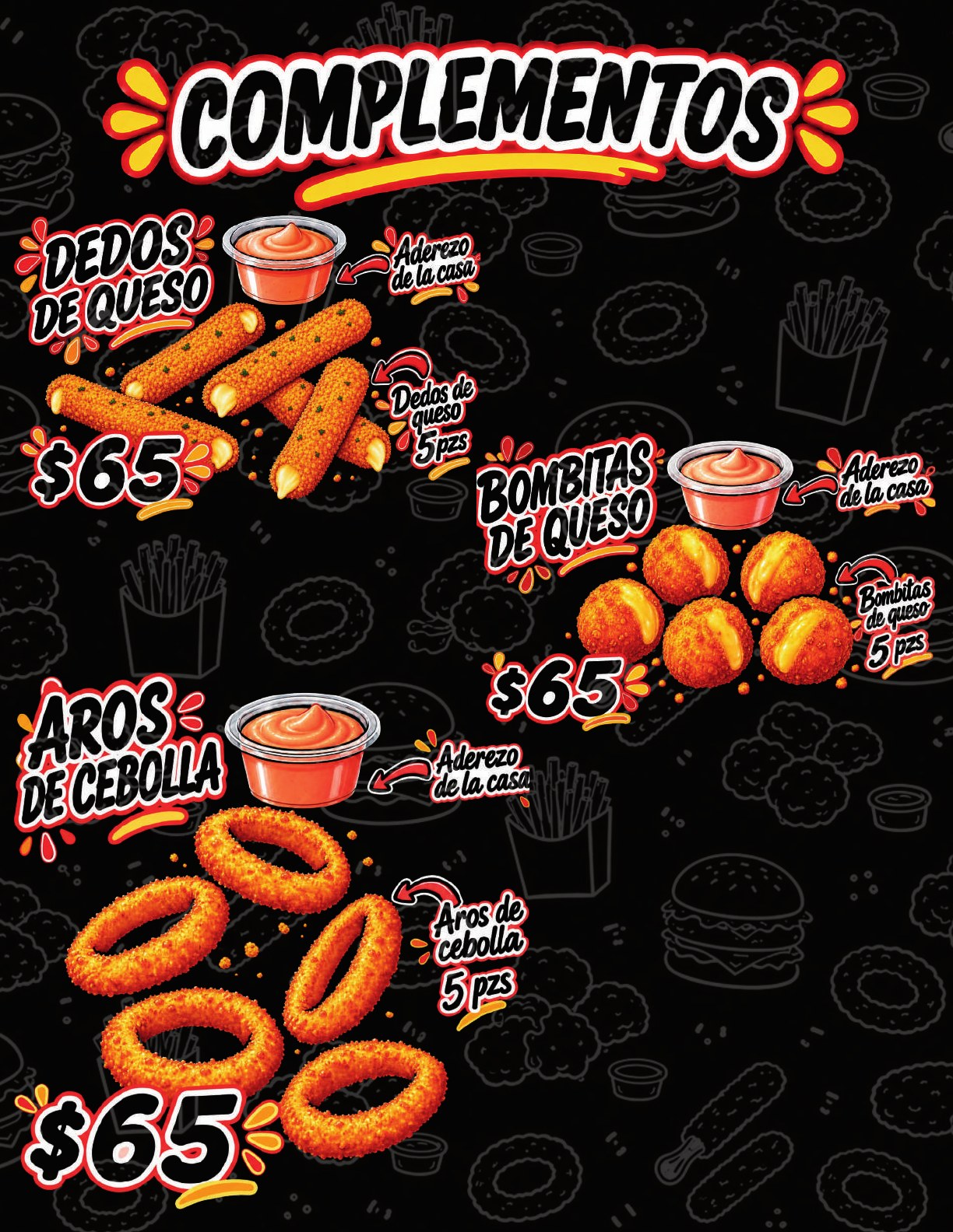 Complementos: dedos de queso, bombitas de queso y aros de cebolla